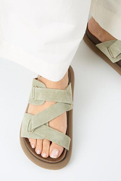 Manijero Tulipan Women's Genuine Leather Water Green Slippers with Straps
