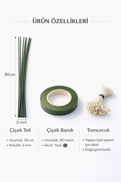 Mutkin Çiçek Yapım Seti – 10 Adet Çiçek Teli (30 cm) + 30 M Çiçek Bandı + Tom...