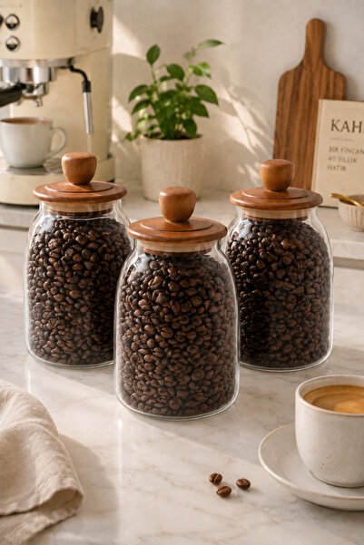 welcomein 3’lü Set 1200 ml Akasya Kapaklı Cam Kavanoz Kahve Saklama Kabı Ahşa...