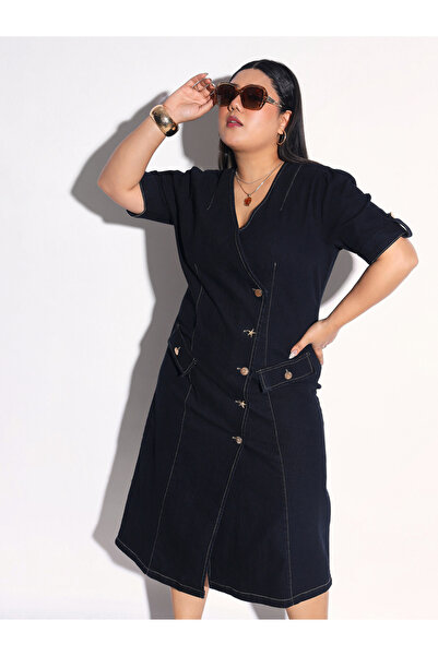 Sassafras By Styli Plus Size Denim Wrap Midi Dress with Buttons