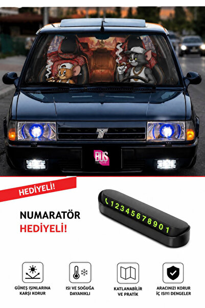 Buscarpone Tom & Jerry Baskılı Oto Ön Cam Koruyucu Perde Universal Metalize B...