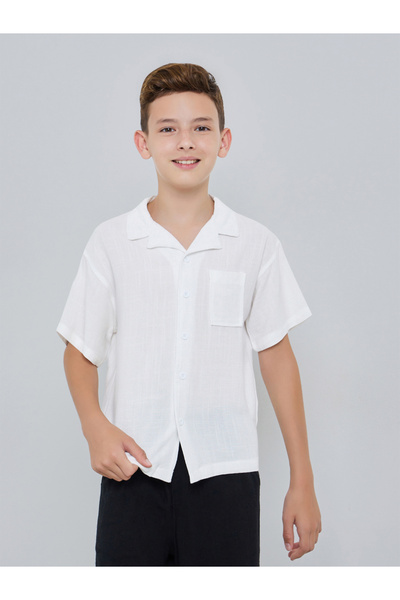 Styli Kids White Linen-Blend Short Sleeve Shirt
