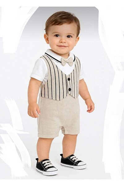 cacobutik Erkek Bebek Papyonlu Polo Yaka Yelek Görünümlü Tek Parça Keten Salo...