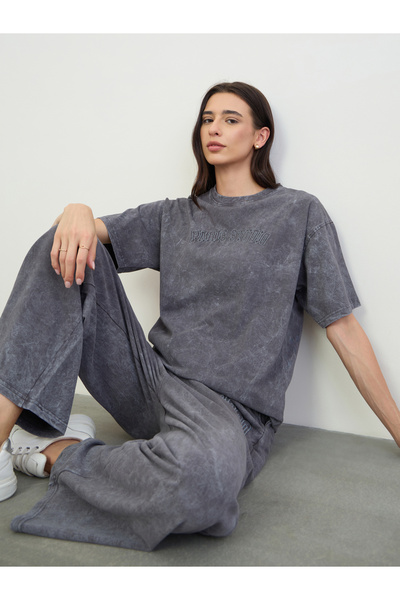 Styli Oversized Acid Wash Embroidered T-Shirt and Wide Leg Joggers Set