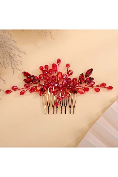 Raizel Accesoriu par auriu, stil pieptene, cu margele si cristale rosii, Myst...