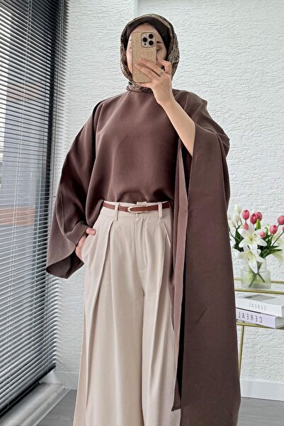 MELEK ARAZ Premium Bat Sleeve Asymmetrical Modal Blouse – Brown