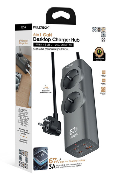 Fulltech FC54 67W GaN Hızlı Şarj İstasyonu 2'li Akım Korumalı Masaüstü Priz Ç...