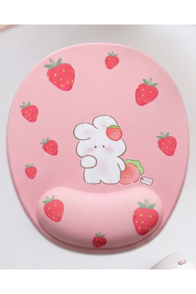 matizya Sevimli Tavşan ve Çilek Desenli Bilek Destekli Mousepad Cute Kawaii E...