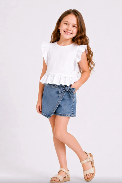 Kidmark Çocuk Modası Girl's Blouse Denim Shorts Skirt Set