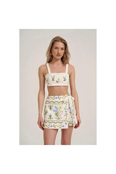 OllaCollection Nakış Detaylı Crop Bluz Ekru
