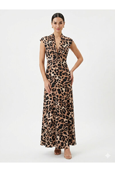 Topstar Classic Leopard Print Satin Maxi Dress – Deep V-Neck and Cinched Waist