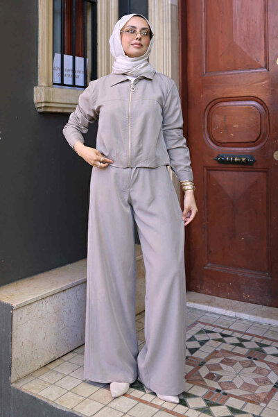 İmajButik Mink Zippered Jacket and Tencel Trousers Set
