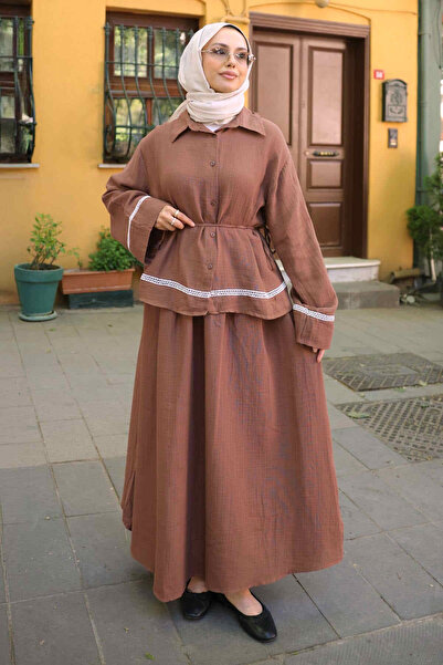 İmajButik Brown Shirt and Skirt Muslin Set