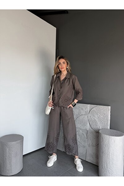 Zerrincan Giyim Vizon Eteği Nakışlı Premium Keten Takım