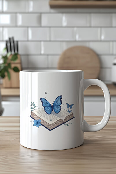 Mio Life Book and Blue Patterned Aesthetic 330ml Printed White Ceramic Mug Cup