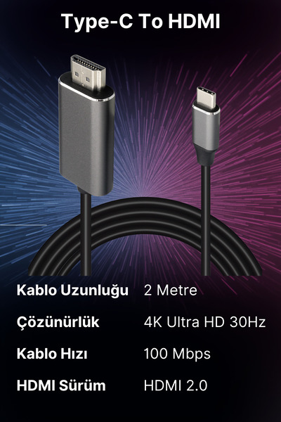 Rabelix Online Marketing Tak Çalıştır Type-C To Hdmi 4K 30HZ 2 Metre Çevirici...