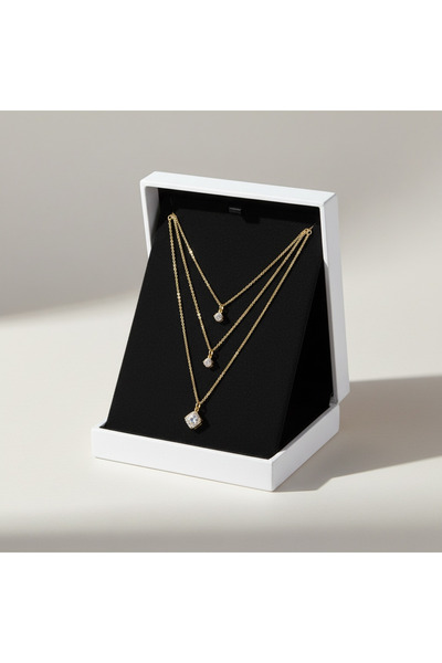Butik 3 Katlı Zirkon Taşlı Gold Zincir Kolye