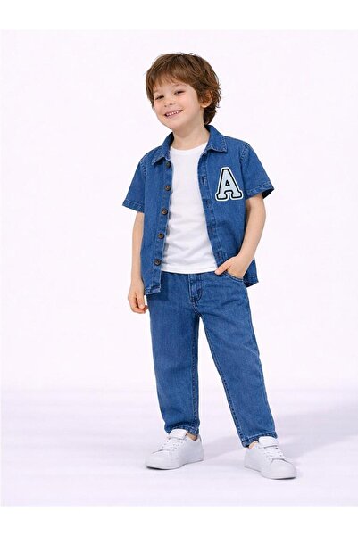 WİKİBOOM 3-Piece Summer Boy's Suit with Letter a Embroidery, Badili Jeans Shi...