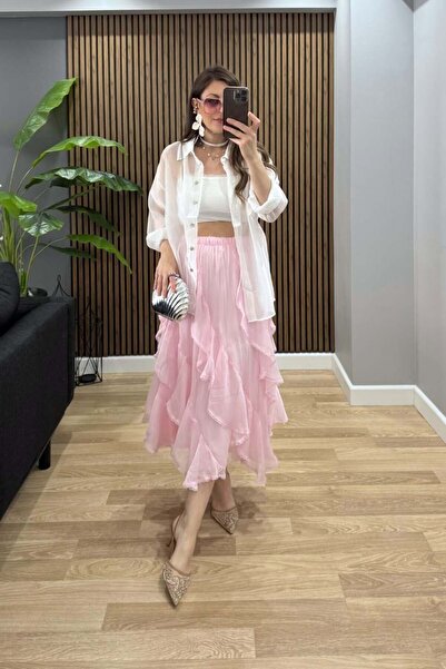 Banu Angay Kat Kat Dantel Detay Etek Pembe