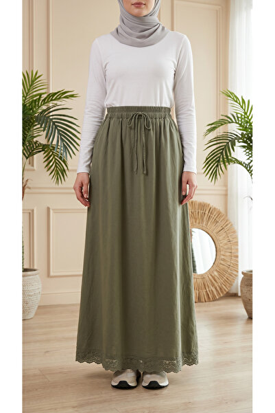 3B Stil Embroidered Lace Tencel Skirt with Elastic Waist and Double Pockets