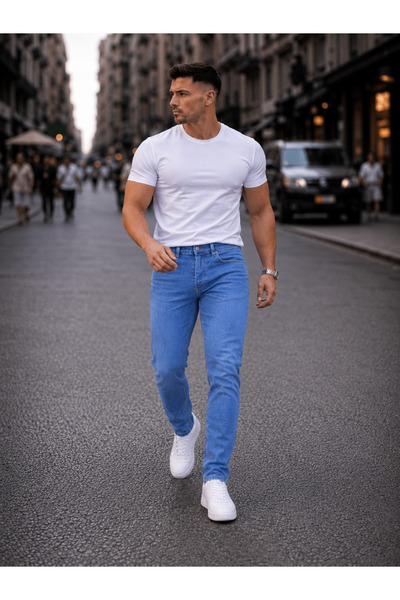Fashion İstanbul Men's Lycra Slim Skinny Fit Lycra Jeans Light Blue Jean