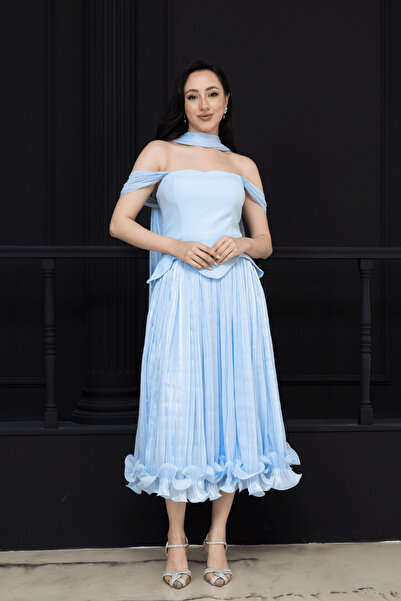 BEYBOS Top Atlas Fabric Bottom Chiffon Satin Designer Dress - Baby Blue