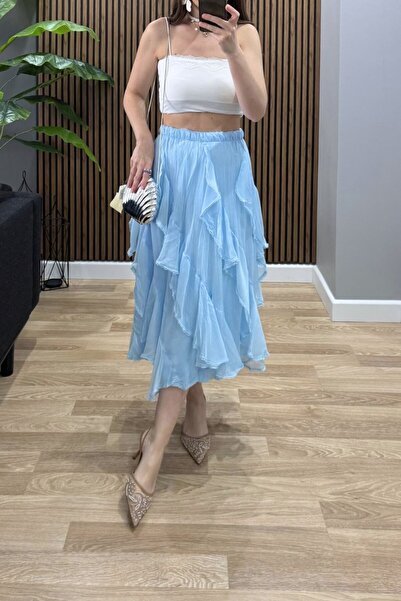 Banu Angay Layered Lace Detail Skirt Blue