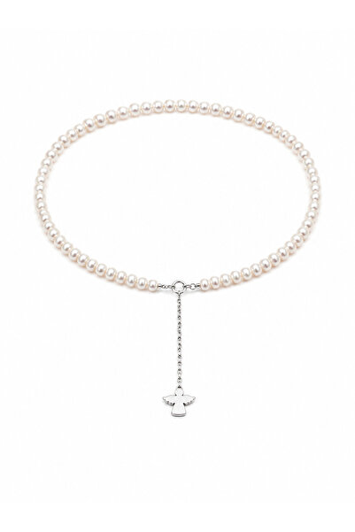 Magic Charms Necklace with Natural Cultured Pearls and Angel Charm in 925 Sil...