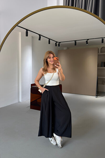 Sezgi Tekin Black Tencel Pants with Pleated Skirt Look