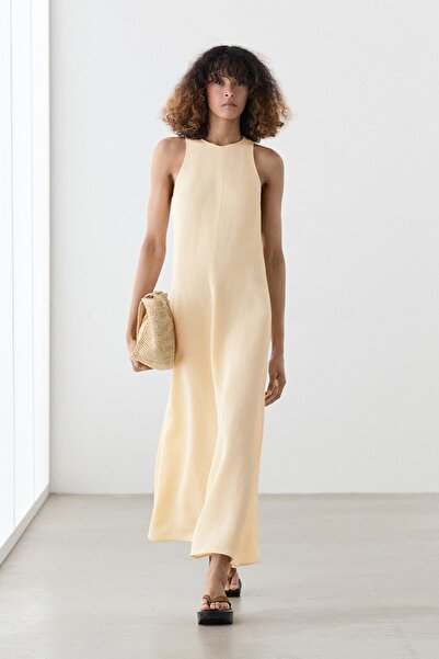 Massimo Dutti Keten karışımlı dökümlü halter midi elbise