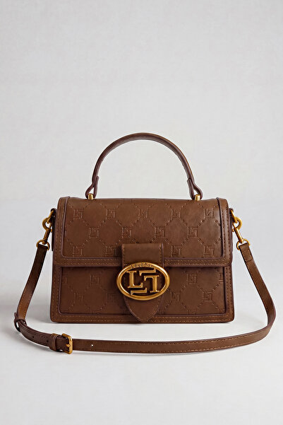 Levidor Logo Detailed Printed Women's Small Size Hand and Shoulder Bag Brown