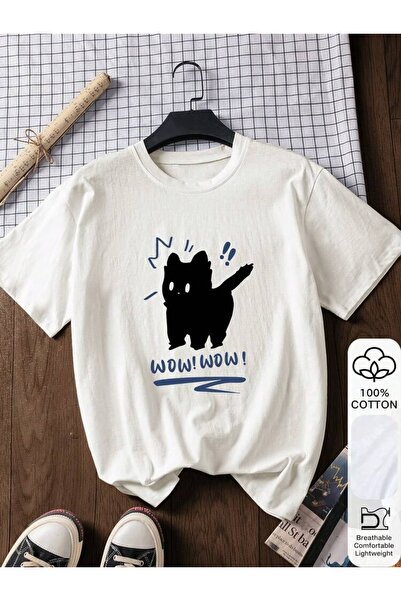 Vordevia Cat Printed White Oversize Unisex T-Shirt Basic Comfortable Fit Dail...