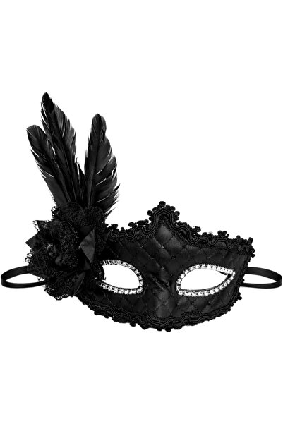 ReilaParty Embroidered Rose Side Feathered Party Prom Venetian Mask Black