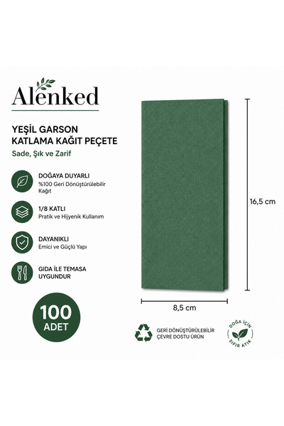 alenked Yeşil Garson Katlama 33x33 Kağıt Peçete - 100'lü