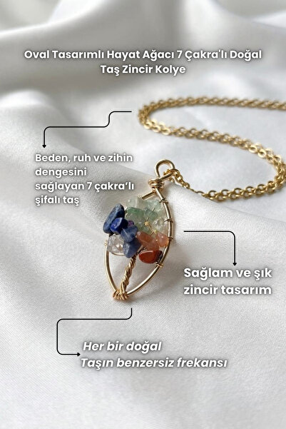 Elifsu Jewelry قلادة بتصميم شجرة الحياة البيضاوية مع 7 شاكرات من الحجر الطبيعي