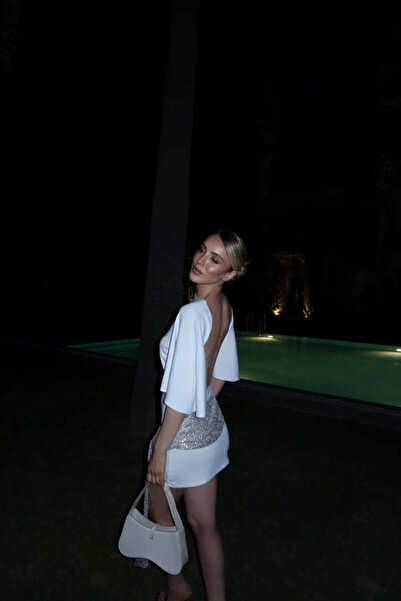Laluvia White Backless Sequin Detailed Mini Dress - 1626