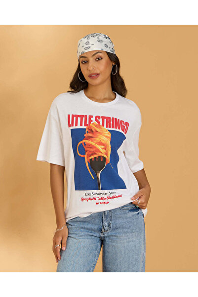 REDTAG Women White Oversized Pasta Graphic T Shirt