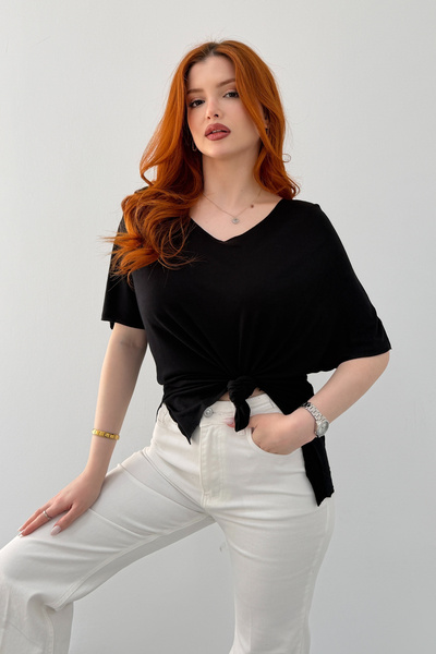 NEW JOURNAL Tricou negru pentru femei, cu decolteu în V, tăiat cu laser, scur...