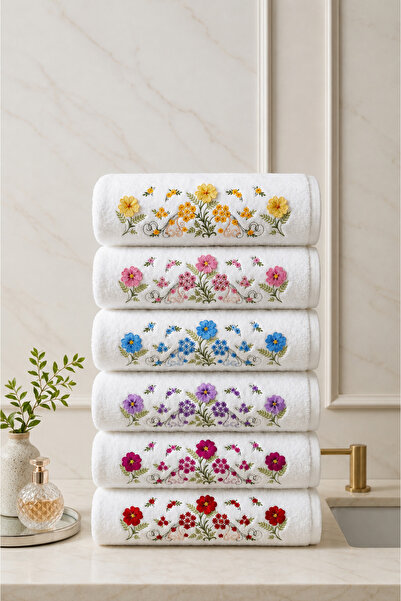 Bella Home Şehzade 3D Nakışlı Kadife El Havlusu | 50x90 cm | 6 Adet | Yumuşak...