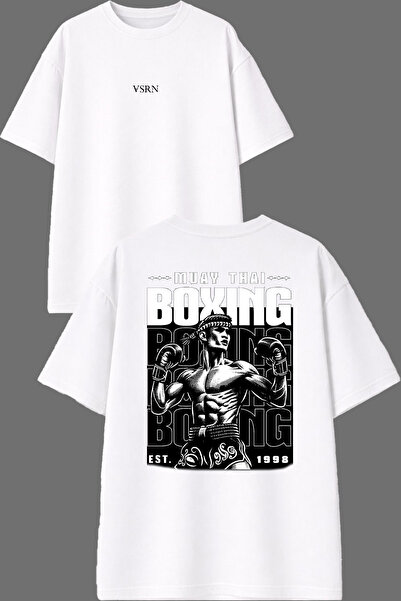 VSRN Tricou oversize alb cu imprimeu Muay Box Design în față și în spate