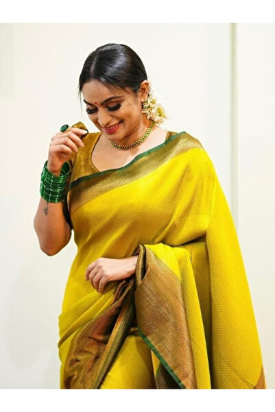 MYSMAR Yellow & Green Zari Woven Kanjivaram Silk Saree - MAF3141