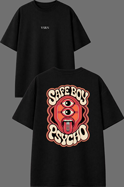 VSRN Tricou negru oversize cu imprimeu Safe Boy Design, față și spate