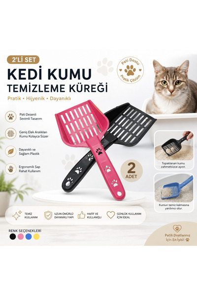 Şahin Pati Desenli Kedi Kumu Temizleme Küreği 2’li Set – Dayanıklı Plastik Ke...