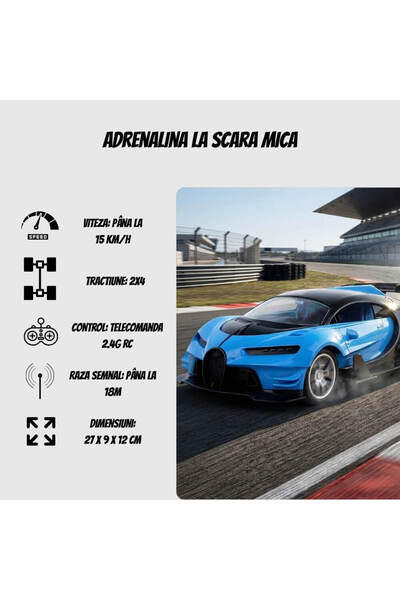 DrKala Mașină digitală cu telecomandă Kala, Model Bugatti Chiron, Set cu pedale și volan, Design sportiv, Jucărie cadou ideală pentru copii și adulți +5 ani, Albastru