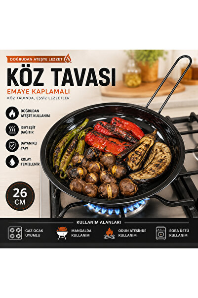 Roza Emaye Kaplamalı Köz Tavası 26 CM – Ocak Üstü Kestane & Sebze Közleme Tav...