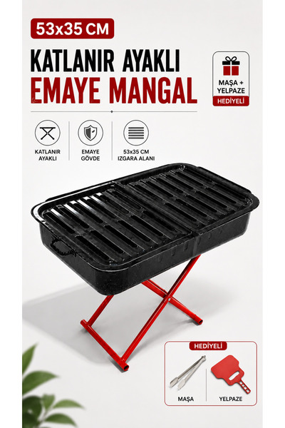 Kampavm Emaye Mangal 53x35 cm Katlanır Ayaklı Kamp Piknik Mangalı