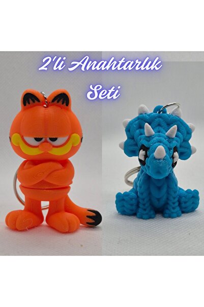 3DAtölyeMaker Blue Garfield and Light Blue Knitted Pattern Triceratops Keychain