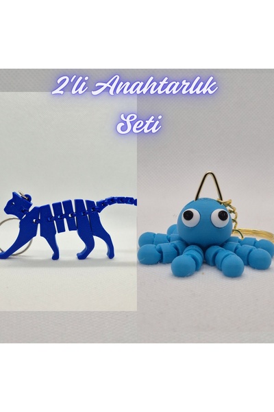 3DAtölyeMaker Blue Flexible Cat and Light Blue Confused Octopus Keychain
