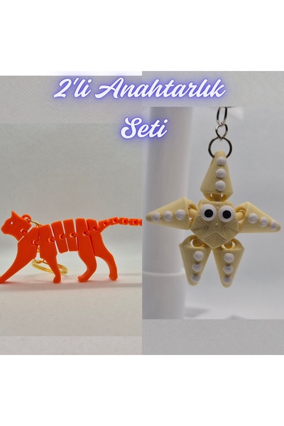 3DAtölyeMaker Orange Flexible Cat and Light Yellow Moving Starfish Keychain