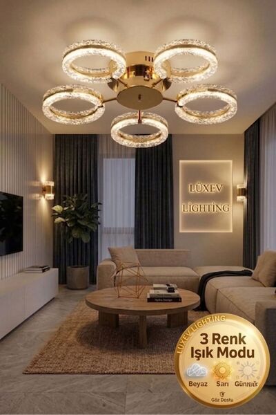 Lüxev Lighting Mozaik Model Gold 5"li Ledli 3 Renk Modu Kristal Salon Mutfak ...
